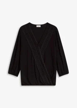 3/4-Arm Shirt mit Spitze in Wickeloptik