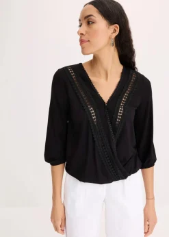 3/4-Arm Shirt mit Spitze in Wickeloptik