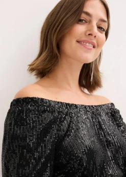 Carmenshirt, Oversized mit Pailletten