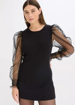 Feinstrickpullover mit Meshärmeln