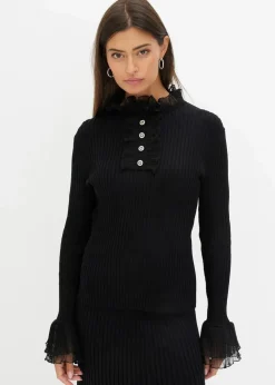 Feinstrick-Shirt mit Chiffon-Volants