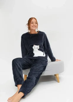 Fleece Loungewear Hausanzug mit Strukturmuster und Applikation