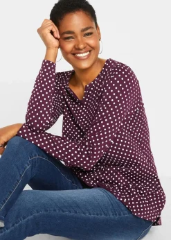 Gepunktetes Baumwoll-Langarmshirt mit Seitenschlitzen