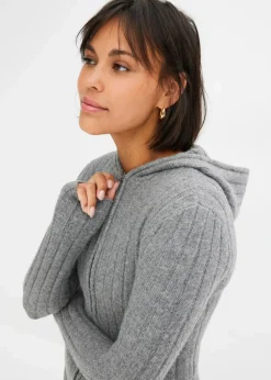 Gerippte Strickjacke mit Kapuze