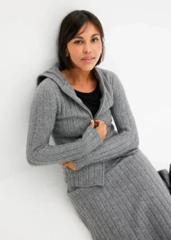 Gerippte Strickjacke mit Kapuze