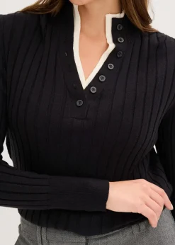 Gerippter Feinstrickpullover mit Viskose in 2 in 1 Optik