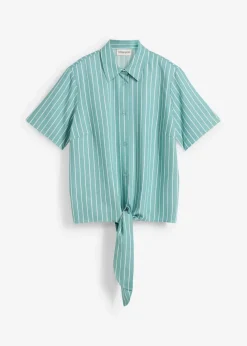 Gestreifte Kurzarmbluse mit Knoten-Detail