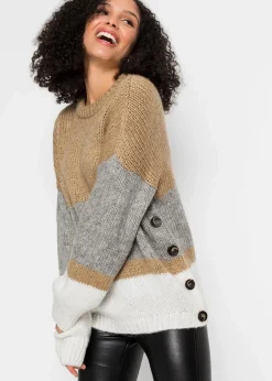 Gestreifter Oversize-Pullover mit Knöpfen