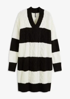 Gestreiftes Strickkleid mit Zopfmuster