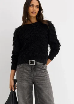 Grobstrick-Pullover mit Fransen
