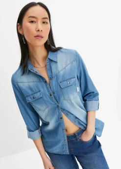 Jeansbluse mit Druckknöpfen, Langarm