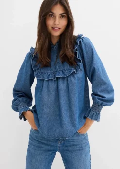Jeansbluse mit Rüschen