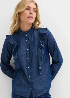 Jeansbluse mit Volants, aus reiner Baumwolle