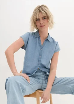 Jeans-Kurzarmbluse mit Leinen