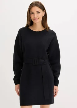 Kurzes Strickkleid mit softem Wollanteil und Gürtel