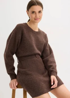 Kurzes Strickkleid mit softem Wollanteil und Gürtel