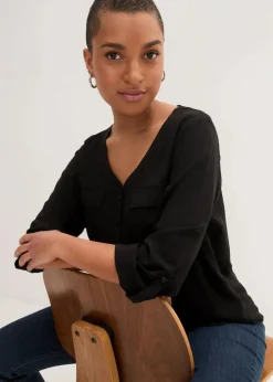 Langarm Bluse mit V-Ausschnitt aus fließender Viskose