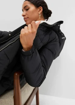 Langer Stepp-Mantel mit Kapuze