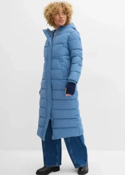 Langer Stepp-Mantel mit Kapuze