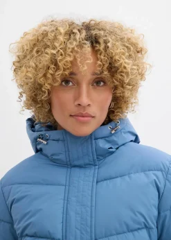 Langer Stepp-Mantel mit Kapuze