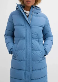 Langer Stepp-Mantel mit Kapuze