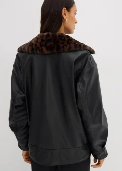 Lederimitat-Jacke mit Leoparden Kunstfell