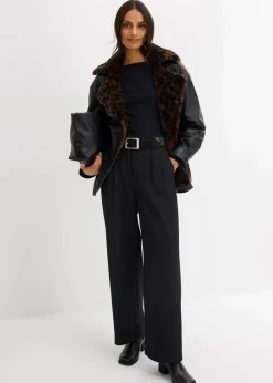 Lederimitat-Jacke mit Leoparden Kunstfell