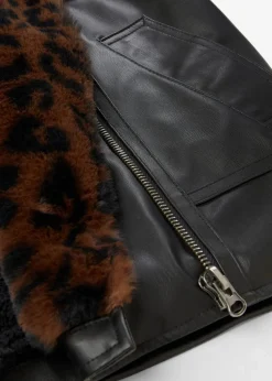 Lederimitat-Jacke mit Leoparden Kunstfell