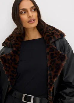 Lederimitat-Jacke mit Leoparden Kunstfell