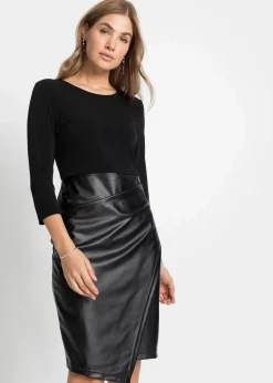 Lederimitat-Kleid mit Jersey-Oberteil