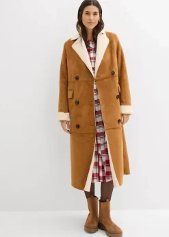 Lederimitat-Mantel mit Teddy warm gefüttert