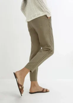 Leinenhose mit seitlichem Spitzeneinsatz, knöchelfrei