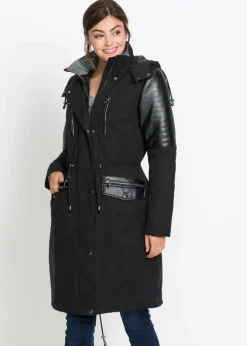 Long-Parka mit Lederimitateinsatz