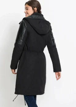 Long-Parka mit Lederimitateinsatz