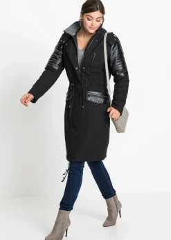 Long-Parka mit Lederimitateinsatz