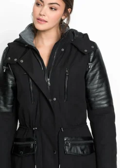 Long-Parka mit Lederimitateinsatz
