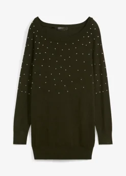 Long-Pullover mit Glitzersteinen