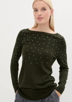 Long-Pullover mit Glitzersteinen