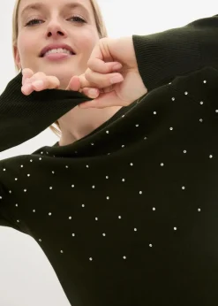 Long-Pullover mit Glitzersteinen