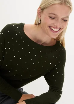 Long-Pullover mit Glitzersteinen