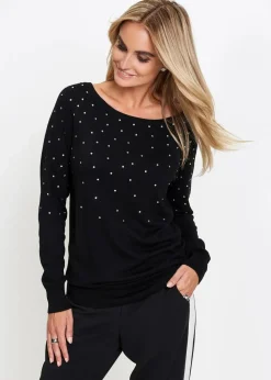 Long-Pullover mit Glitzersteinen