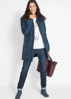 Long-Steppjacke, wattiert mit Kragen und Kapuze