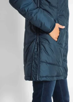 Long-Steppjacke, wattiert mit Kragen und Kapuze