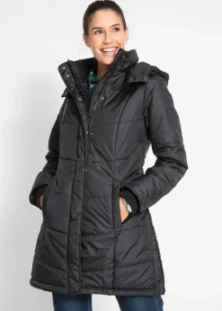 Long-Steppjacke, wattiert mit Kragen und Kapuze