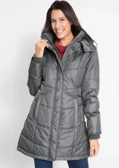 Long-Steppjacke, wattiert mit Kragen und Kapuze