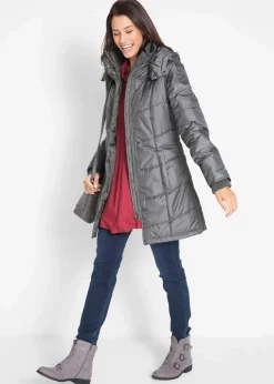 Long-Steppjacke, wattiert mit Kragen und Kapuze