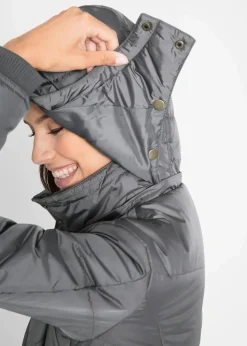 Long-Steppjacke, wattiert mit Kragen und Kapuze
