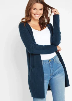 Longstrickjacke in breiter Rippenstruktur