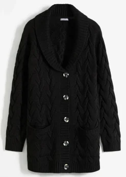 Longstrickjacke mit Schalkragen und Zopfmuster