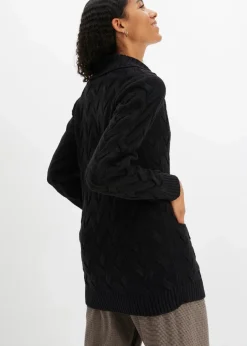 Longstrickjacke mit Schalkragen und Zopfmuster